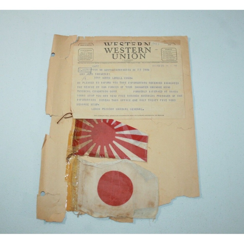 RARE‎ WW2 Santo Tomas Prison Camp POW Telegram & 2 Japanese Flags